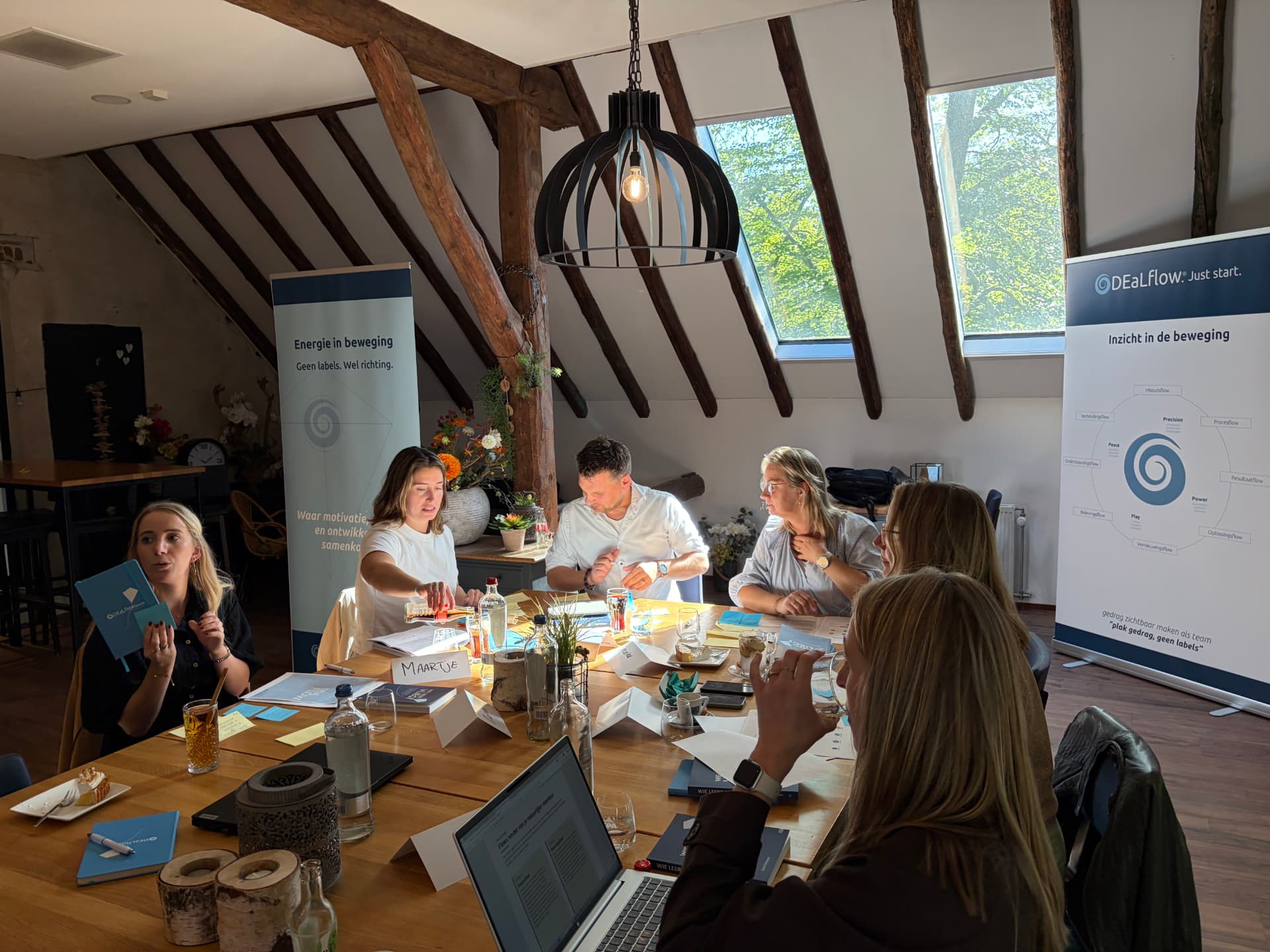 Deelnemers werken samen aan een houten tafel, links de banner Energie in beweging en rechts de banner Inzicht in de beweging